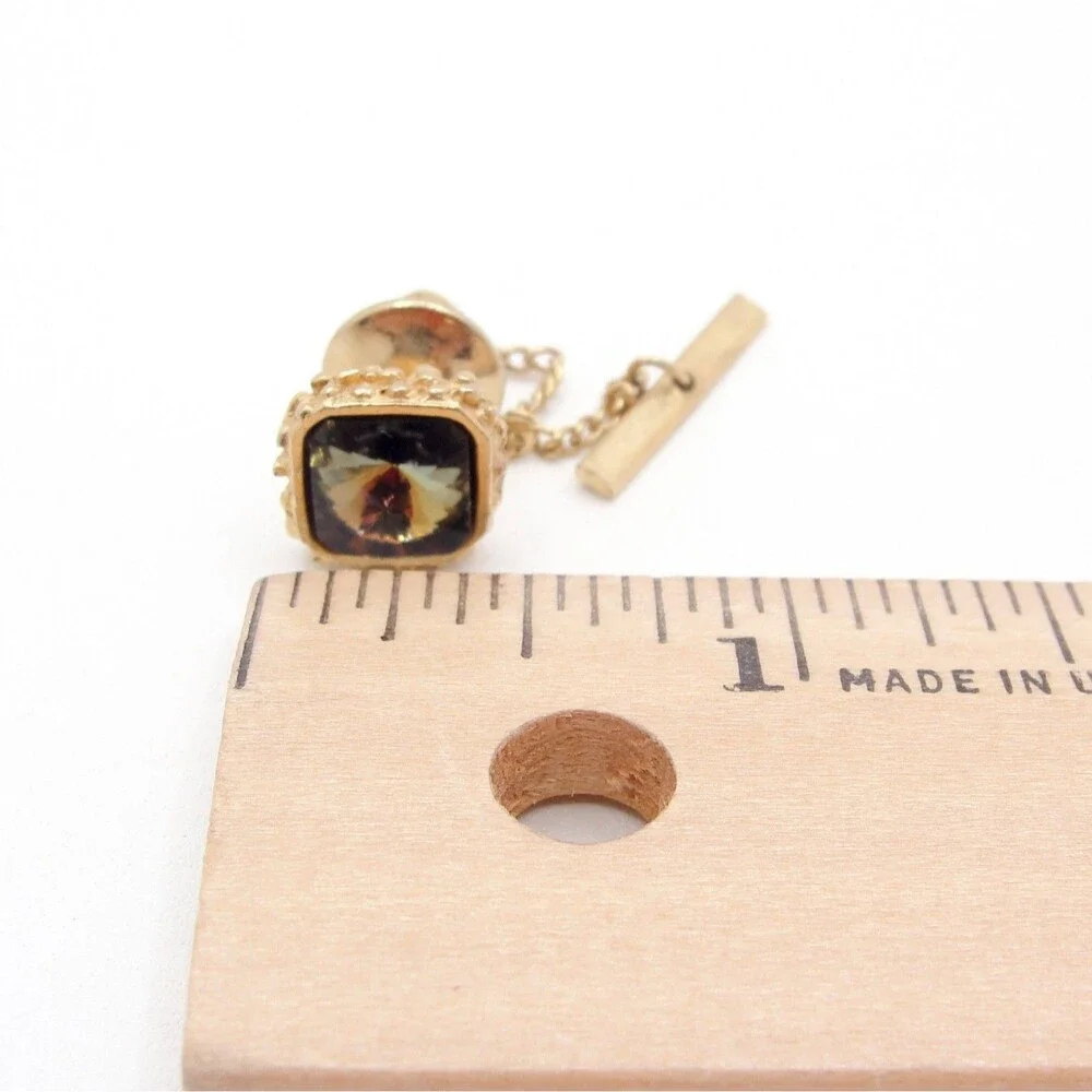 Vintage Gold Tone Square Smoky Crystal Rhinestone Tie Tac Pin Chain Wedding